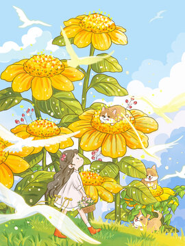 唯美花海向日葵女孩柯基夏天插畫卡通