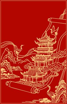 中式古風(fēng)樓閣仙鶴畫卷