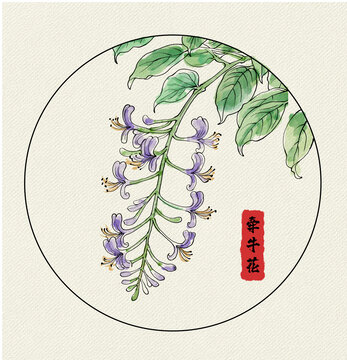 手繪典雅紫藤花卉圖