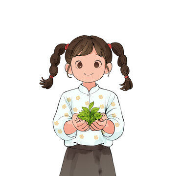扎雙馬尾捧綠植的女孩