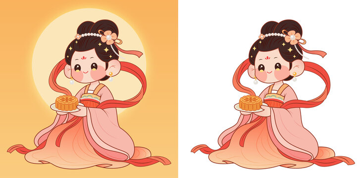 可愛古風(fēng)嫦娥捧月餅圖