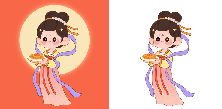古風(fēng)嫦娥捧月餅插畫