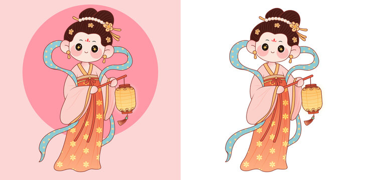 古風持燈可愛卡通仕女圖
