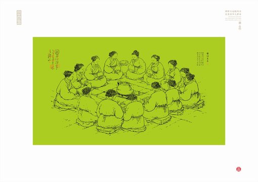 古代圍坐場景人物線描畫