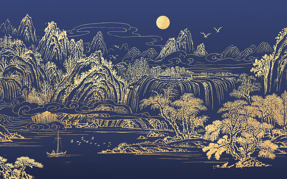 中式金線刺繡山水畫背景