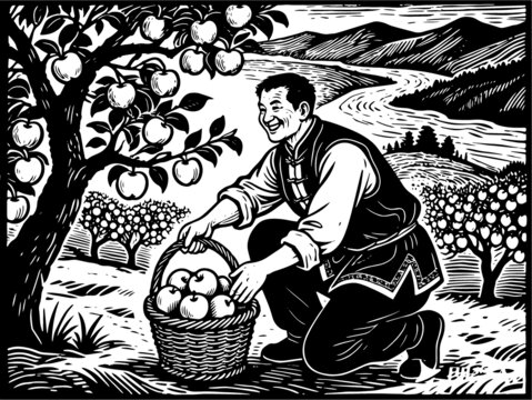蘋(píng)果插畫(huà)男性果農(nóng)摘蘋(píng)果