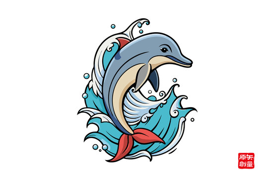 躍出浪花的可愛(ài)海豚插畫(huà)