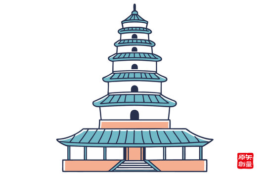 簡約風(fēng)多層古塔建筑插畫