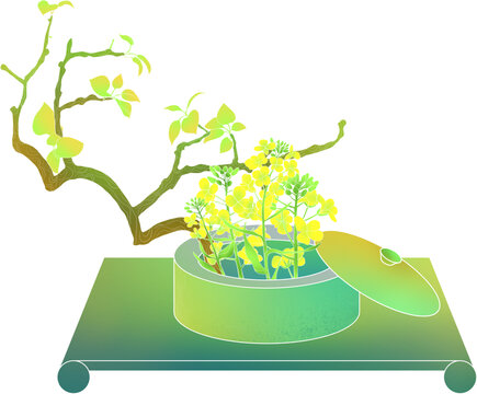 盆栽花卉與彎折樹枝插畫