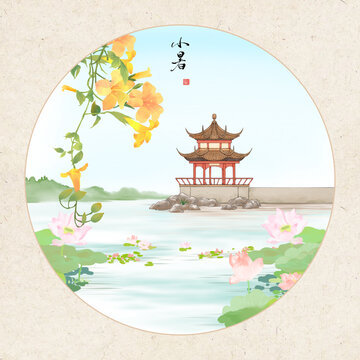 小暑湖畔亭臺花卉圖