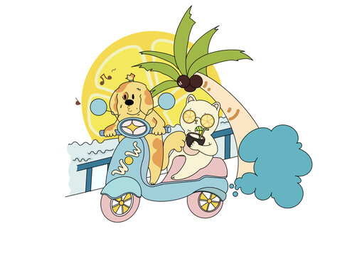 貓狗夏日海邊插畫