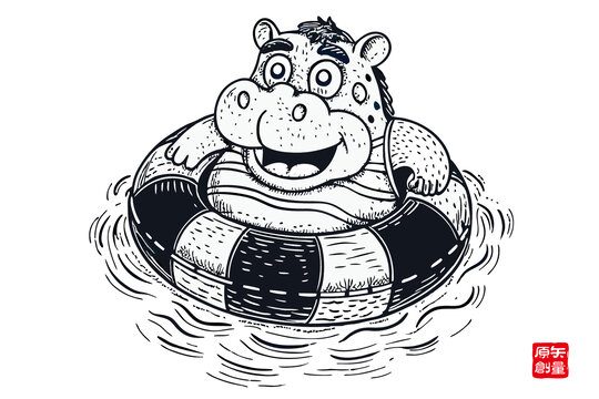卡通河馬快樂地浮在泳圈上