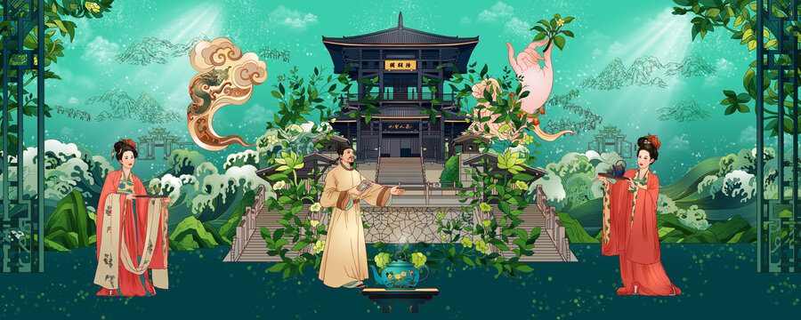 茶文化茶圣陸羽藝術山水插畫