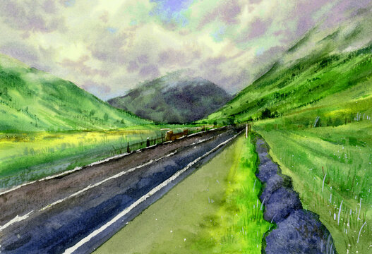 水彩繪就的山間公路美景