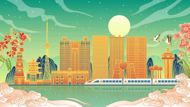 汕頭國潮風(fēng)城市建筑矢量插畫