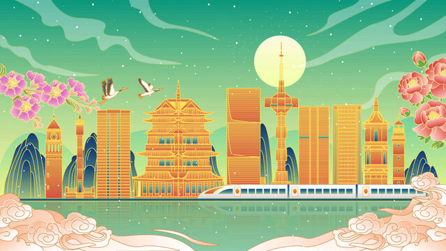 鹽城國(guó)潮風(fēng)城市建筑矢量插畫(huà)