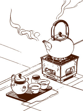 復(fù)古風(fēng)煮茶場景插畫手繪線稿矢量圖素材