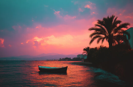 夕陽下的海灘小船