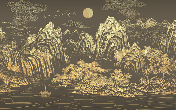 中式刺繡山水畫背景