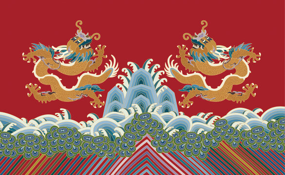 中式雙龍戲浪傳統(tǒng)紋樣
