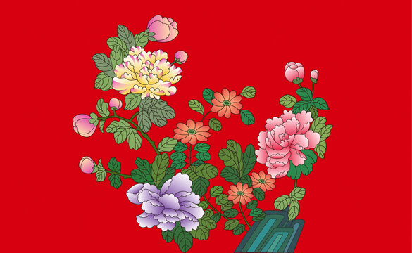 中式紅底繁花插畫圖案