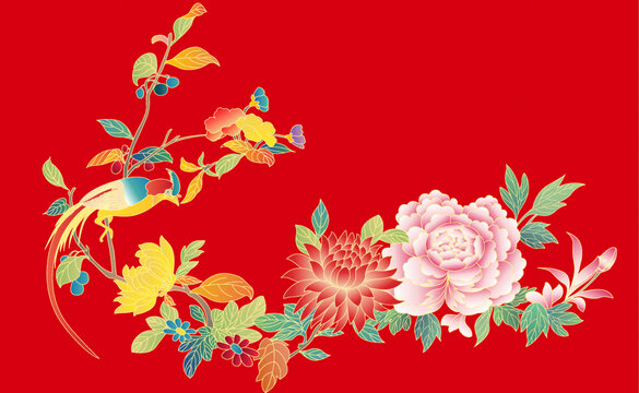 中式花鳥花卉紅色紋飾