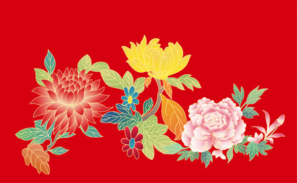 中式紅底多彩花卉圖案