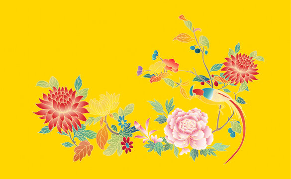 中式花鳥圖明艷黃色背景