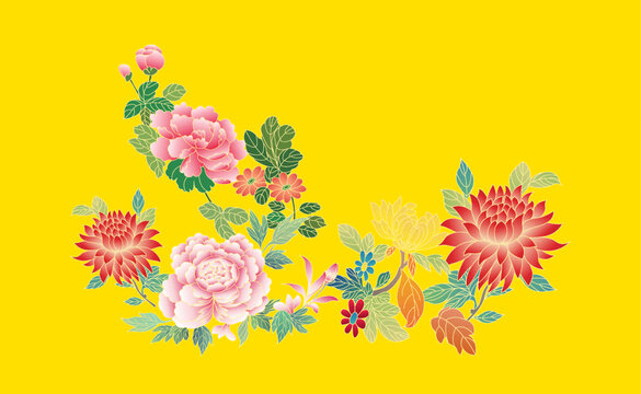 中式黃底繁花絢麗圖案