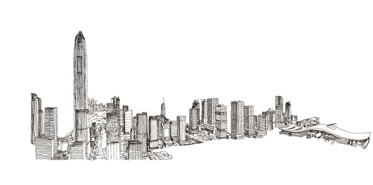 深圳城市建筑手繪天際線圖景