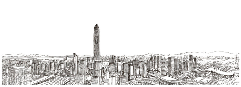 深圳城市建筑黑白線條手繪