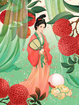 古風(fēng)楊貴妃子笑荔枝水果包裝插畫