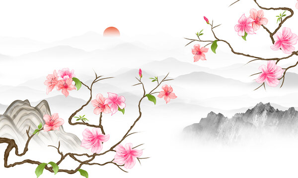 杜鵑花山水畫