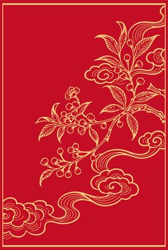 中式紅底金紋花卉云紋圖案