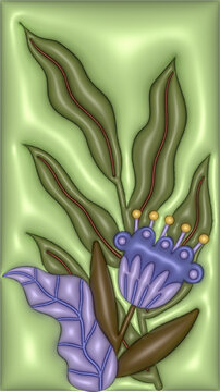 立體膨脹夢幻紫色花卉綠葉插畫