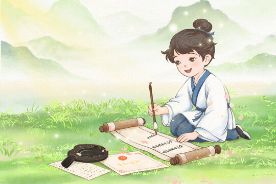 古風(fēng)少年草地?fù)]毫?xí)鴮? loading=