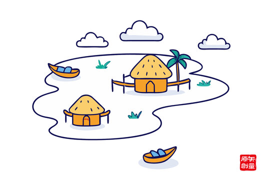 海邊小屋與船只插畫