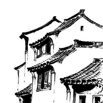 中式傳統(tǒng)建筑黑白線描圖水墨江南屋檐矢量圖