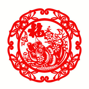 紅色剪紙風福字與魚圖案