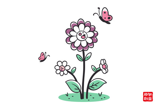 卡通花朵與飛舞蝴蝶插畫(huà)