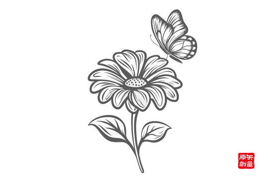 蝴蝶停駐花朵簡筆插畫