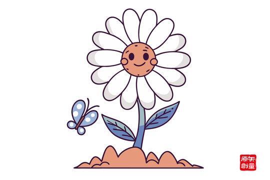 卡通雛菊與蝴蝶插畫