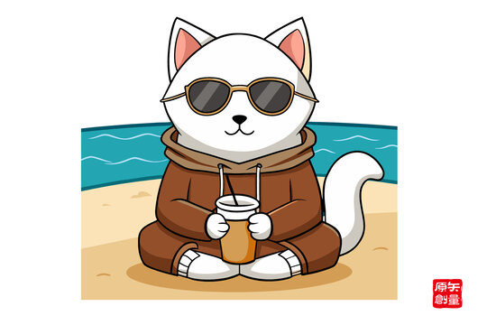戴墨鏡在海邊喝飲料的貓咪