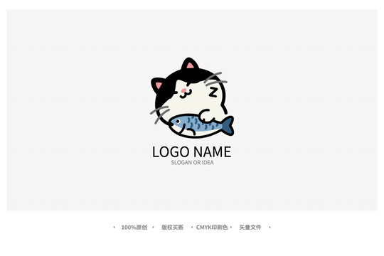 可愛貓咪抱魚卡通標志