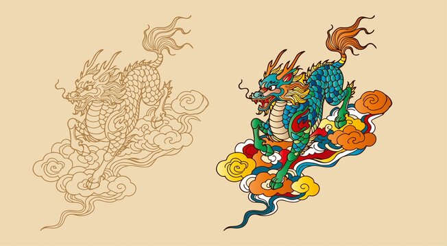 中式祥云麒麟插畫素材
