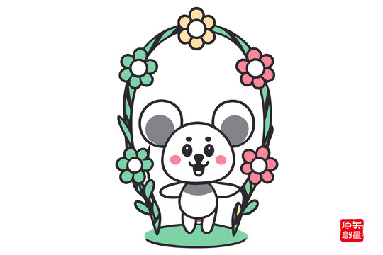 可愛熊貓與花卉卡通形象