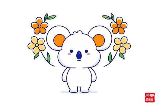 可愛考拉與花朵插畫