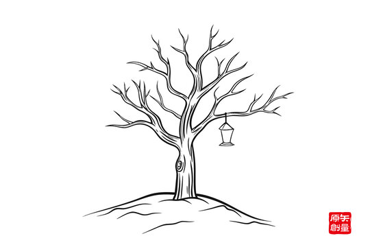 枯樹(shù)掛燈簡(jiǎn)約線描圖