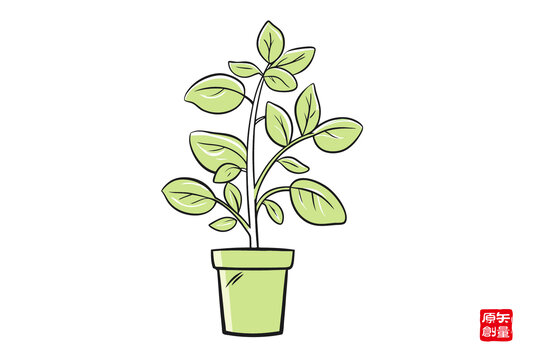 手繪綠色盆栽植物插畫