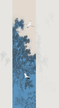 玄關(guān)山水線描山水裝飾畫